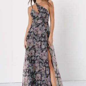 Lulus Garden of glamour black floral one shoulder dress.